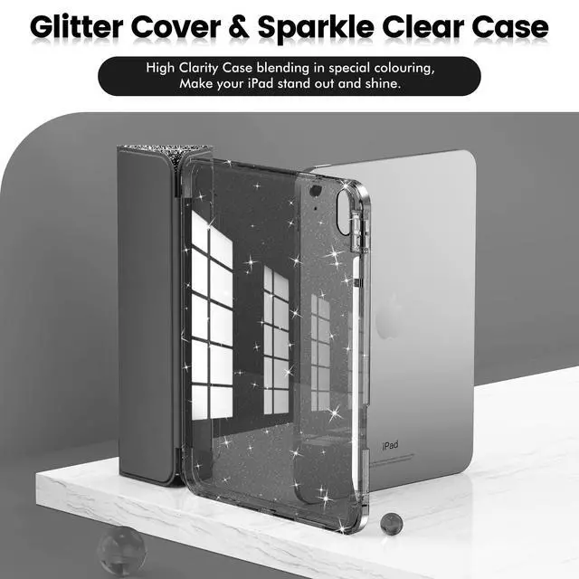 Alt view image 3 of 7 - INFILAND Compatible with iPad A16 11th Generation 11 Inch 2025 Case, iPad Case 10th Generation 10.9 Inch, Glitter Cover with Sparkly Clear Back, Pencil Holder, for Kids Girls (Black)