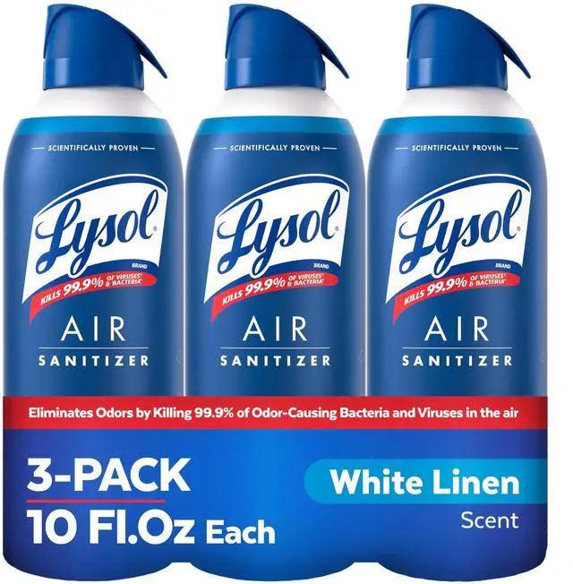 Main image of Lysol Air Sanitizer Spray with Bacterial Odor Eliminator for Home & Office, Sanitizing Air Spray, Air Freshener Alternative, White Linen Scent, 10 oz (Pack of 3)