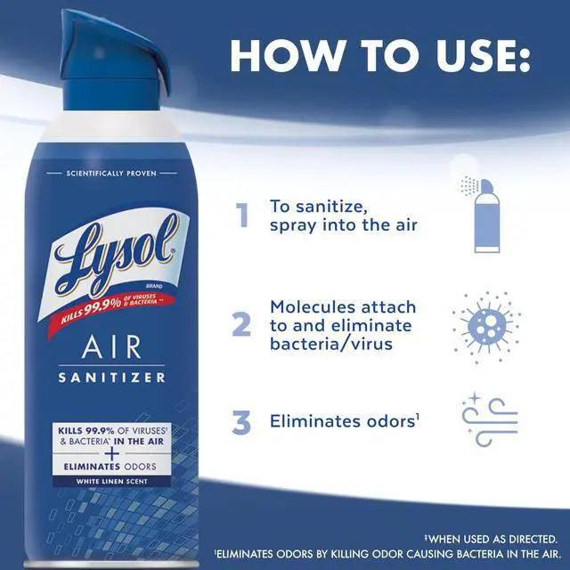 Alt view image 6 of 7 - Lysol Air Sanitizer Spray with Bacterial Odor Eliminator for Home & Office, Sanitizing Air Spray, Air Freshener Alternative, White Linen Scent, 10 oz (Pack of 3)