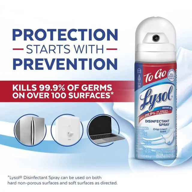 Alt view image 3 of 7 - Lysol To Go Disinfectant Spray, Travel Size Sanitizing, For On-the-Go Disinfecting and Deodorizing, Crisp Linen, 1.5 Fl. Oz (Pack of 4)