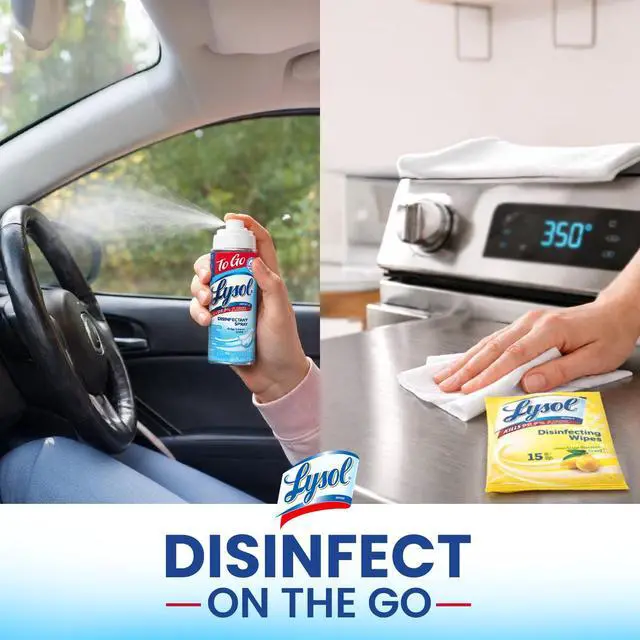 Alt view image 4 of 7 - Lysol To Go Bundle - 1.5 Ounce Crisp Linen Disinfectant Spray and Lemon Lime Disinfecting Wipes Flat Pack