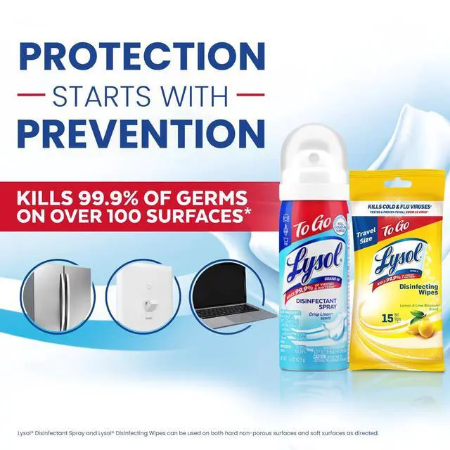 Alt view image 3 of 7 - Lysol To Go Bundle - 1.5 Ounce Crisp Linen Disinfectant Spray and Lemon Lime Disinfecting Wipes Flat Pack