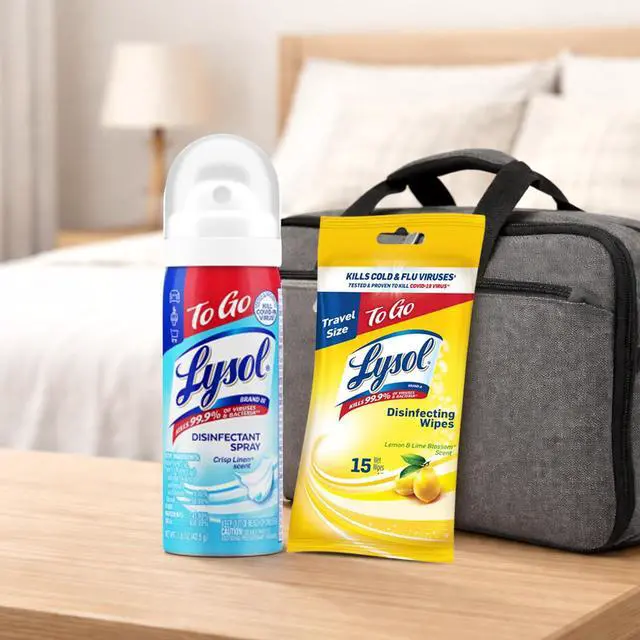 Alt view image 7 of 7 - Lysol To Go Bundle - 1.5 Ounce Crisp Linen Disinfectant Spray and Lemon Lime Disinfecting Wipes Flat Pack
