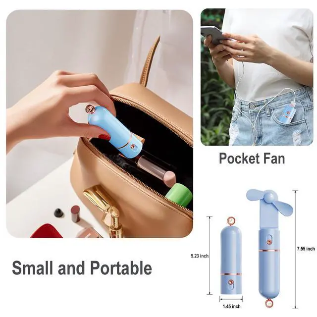 Alt view image 6 of 6 - AOCOOLFAN Portable Handheld Fan, USB Rechargeable 3 Speed Personal Small Pocket Fan Travel for Girl Women Outdoor (Light Blue)