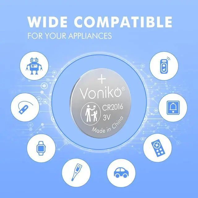 Alt view image 5 of 7 - Voniko CR2016 3V Lithium Batteries 5 Pack for Child Safety, Compatible with Remotes, Key Fobs, Glucose Monitors - 7 Years Shelf Life