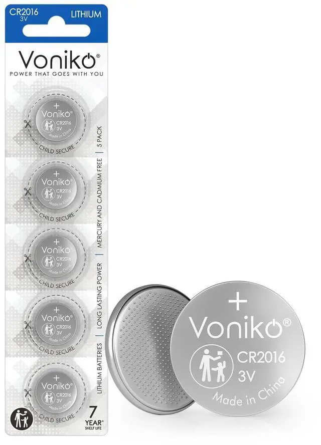 Main image of Voniko CR2016 3V Lithium Batteries 5 Pack for Child Safety, Compatible with Remotes, Key Fobs, Glucose Monitors - 7 Years Shelf Life