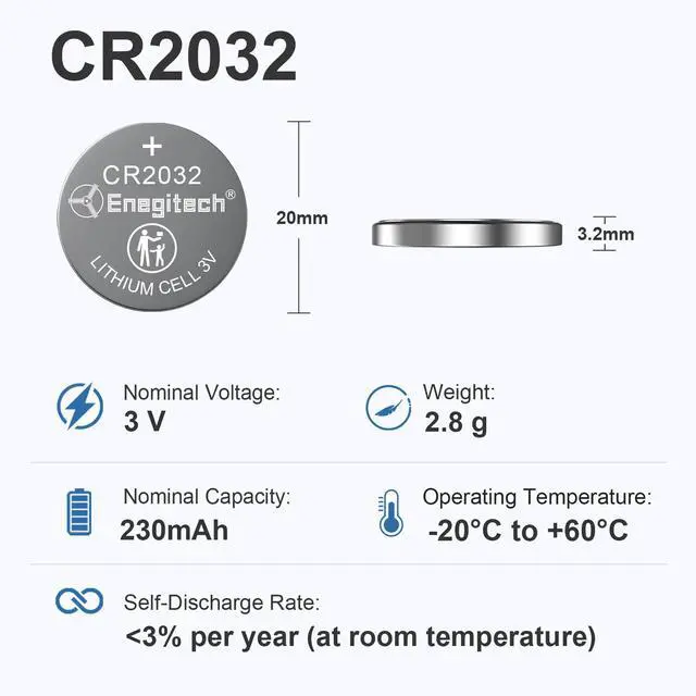 Alt view image 2 of 6 - Enegitech CR2032 Lithium Coin Batteries Button 2032 3V Recommended for Use in Key Fobs, Watches, Door sensors, Calculators, Remote Controls, Thermometers, Key Finder GPS Compatible (6-Pack)