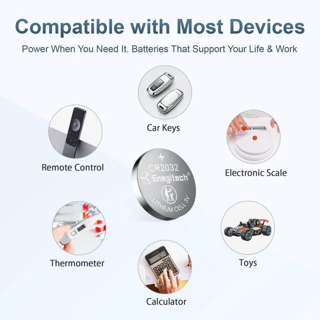 Alt view image 3 of 6 - Enegitech CR2032 Lithium Coin Batteries Button 2032 3V Recommended for Use in Key Fobs, Watches, Door sensors, Calculators, Remote Controls, Thermometers, Key Finder GPS Compatible (6-Pack)