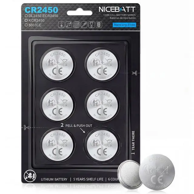Main image of NICEBATT Cr2450 3V Lithium Battery 6 Pack, Long Lasting Power for Key Fob,Door Sensor, Security System and More 2450 Batteries
