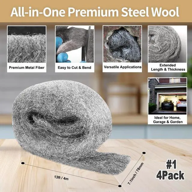 Alt view image 2 of 7 - Steel Wool for Mice Control,4 Pack of 3.1" x13 Ft Steel Wool,Gap Filler for House & Garage,Keep Mice Away from Holes, Siding, Pipeline, Vents in Garden, House, Hardware DIY Kit #1 Coarse