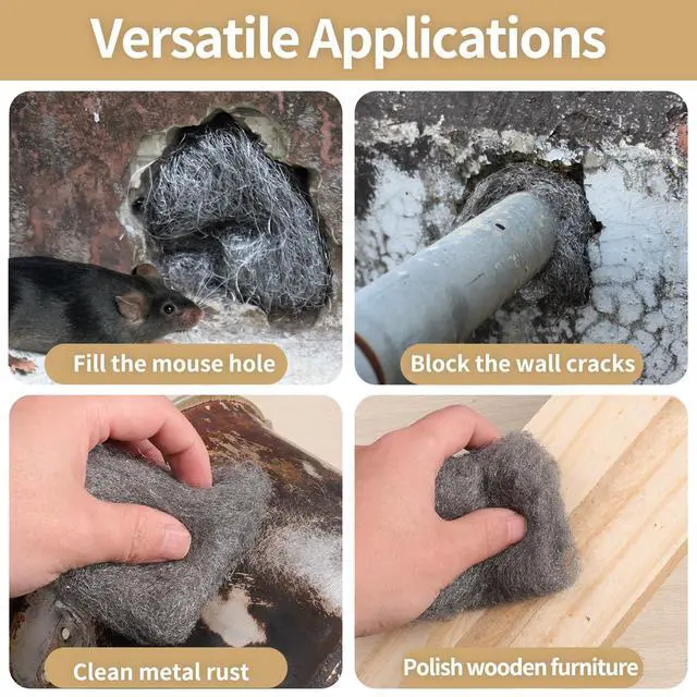 Alt view image 5 of 7 - Steel Wool for Mice Control,4 Pack of 3.1" x13 Ft Steel Wool,Gap Filler for House & Garage,Keep Mice Away from Holes, Siding, Pipeline, Vents in Garden, House, Hardware DIY Kit #1 Coarse