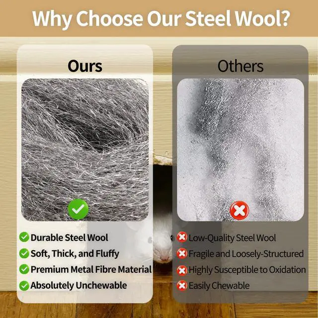 Alt view image 7 of 7 - Steel Wool for Mice Control,4 Pack of 3.1" x13 Ft Steel Wool,Gap Filler for House & Garage,Keep Mice Away from Holes, Siding, Pipeline, Vents in Garden, House, Hardware DIY Kit #1 Coarse