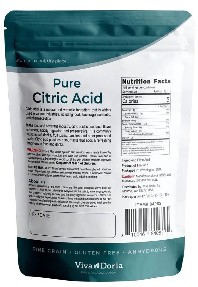 Alt view image 2 of 7 - Viva Doria 100% Pure Citric Acid, Food Grade, Fine Grain, 2 lb (907 g)