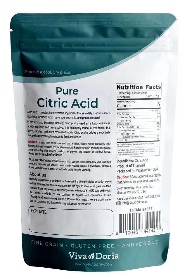 Alt view image 2 of 5 - Viva Doria 100% Pure Citric Acid, Food Grade, Fine Grain, 12 oz (340 g)