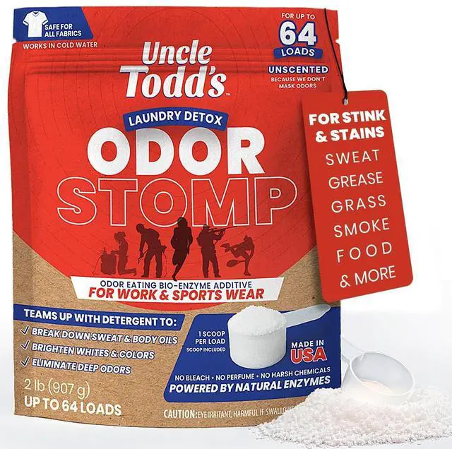 Main image of Uncle Todds Bio Enzyme Laundry Booster - 2 lb (64 Loads) Odor Stomp Laundry Sanitizer Additive - Clothes Stain Remover - Removes Sweat, Body Odor & Tough Stains - Fragrance Free, Works in Cold Water