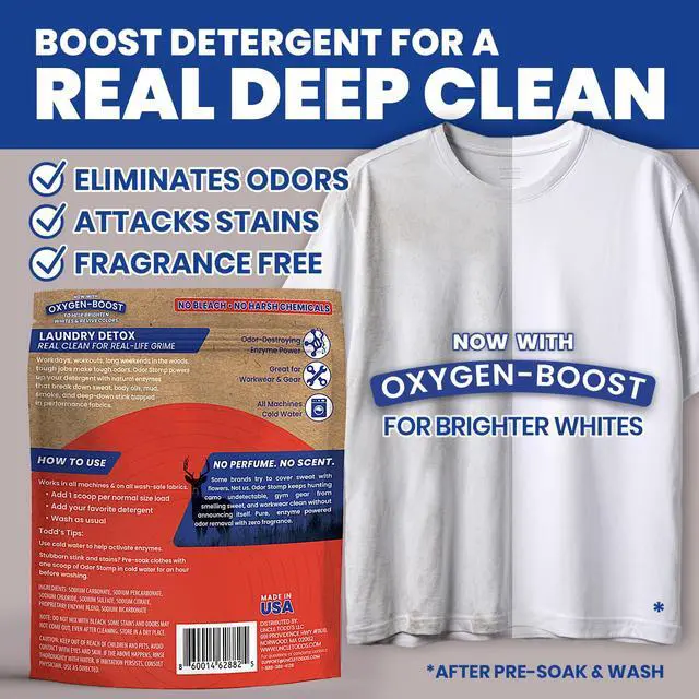 Alt view image 2 of 6 - Uncle Todds Bio Enzyme Laundry Booster - 2 lb (64 Loads) Odor Stomp Laundry Sanitizer Additive - Clothes Stain Remover - Removes Sweat, Body Odor & Tough Stains - Fragrance Free, Works in Cold Water