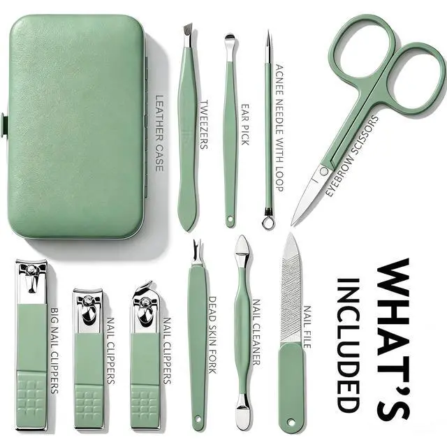 Alt view image 2 of 6 - Manicure Set 10 in 1 Stainless Steel, Nail Clippers Scissors Pedicure Tools Kit - Portable Travel Grooming Kit for Men and Women with Leather Case (Jade Green)
