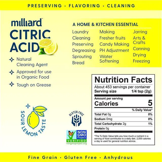 Alt view image 3 of 7 - Milliard Citric Acid Powder Food Grade, 2 lb Bag, Bulk, 100% Pure, Non-GMO Project Verified, for Cleaning, Bath Bombs, Descaler, Dishwasher, Candy