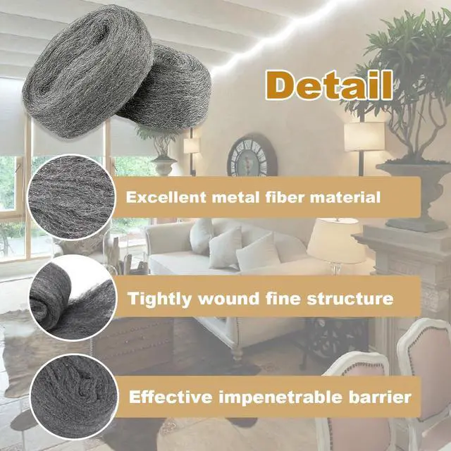 Alt view image 4 of 5 - 2Pack Steel Wool for Mice Control 3.2" x10.5 ft Wool, Gap Filler for Home & Garage, DIY Bundle with Gloves & Scissors
