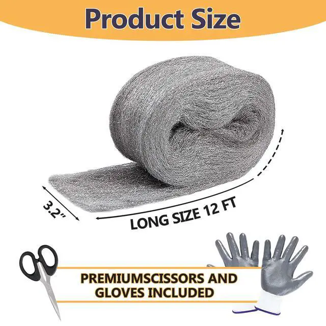 Alt view image 3 of 6 - Steel Wool for Mice Control, 3.2" x12 ft Wool, Gap Filler for Home & Garage, DIY Bundle with Gloves & Scissors - 1 Pack