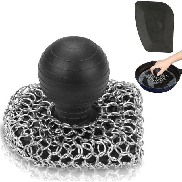 Main image of Cast Iron Scrubber with Pan Scraper, 316 Chainmail Scrubber, Upgraded Chain Mail Scrubber Sponge, Cast Iron Cleaner for Pan Skillet Wok Carbon Steel, Dutch Oven Metal Brush Cleaning Kit, Black