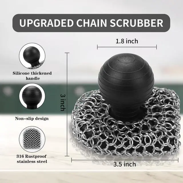 Alt view image 4 of 6 - Cast Iron Scrubber with Pan Scraper, 316 Chainmail Scrubber, Upgraded Chain Mail Scrubber Sponge, Cast Iron Cleaner for Pan Skillet Wok Carbon Steel, Dutch Oven Metal Brush Cleaning Kit, Black