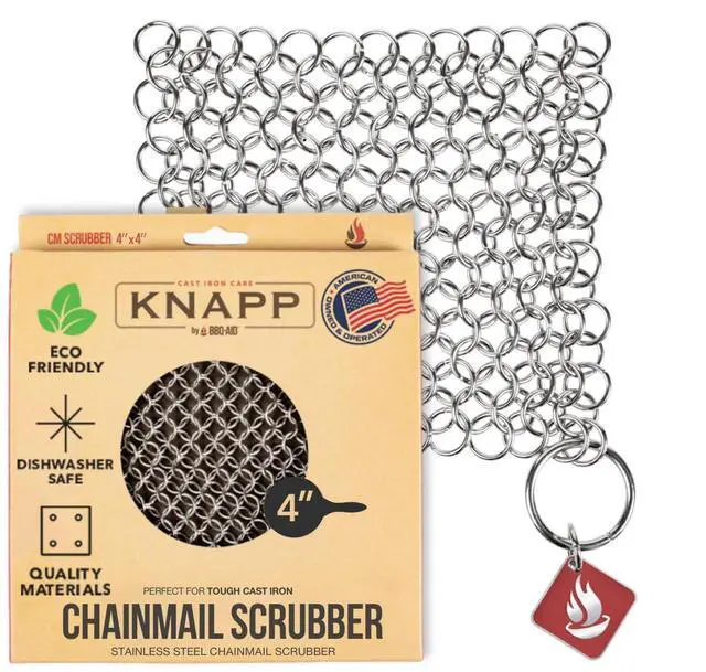 Main image of Knapp Made 4" x 4" Small Ring Chainmail Cast Iron Scrubber, Premium Stainless Steel Mesh Cleaner for Pre-Seasoned Pans, Dutch Ovens, Grills and Skillets
