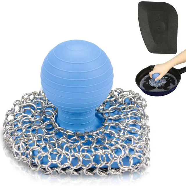 Main image of Cast Iron Scrubber with Pan Scraper, 316 Chainmail Scrubber, Upgraded Chain Mail Scrubber Sponge, Cast Iron Cleaner for Grill Pan Skillet Wok Carbon Steel, Dutch Oven Metal Brush Cleaning Kit, Blue