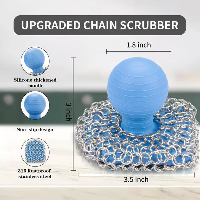 Alt view image 4 of 6 - Cast Iron Scrubber with Pan Scraper, 316 Chainmail Scrubber, Upgraded Chain Mail Scrubber Sponge, Cast Iron Cleaner for Grill Pan Skillet Wok Carbon Steel, Dutch Oven Metal Brush Cleaning Kit, Blue