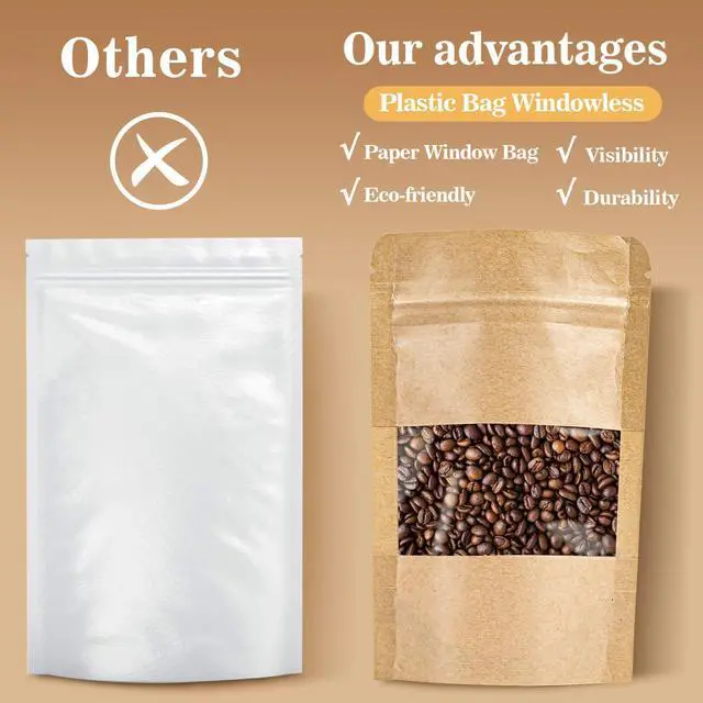 Alt view image 2 of 7 - 50 Stand Up Pouches Bags - 3.5"×5.5" Resealable Ziplock Kraft Paper Bags Window Food Packaging Homemade Bagel Bread Cookie Candy Tea Herb Spice Coffee Jerky Dog Treat Small Business