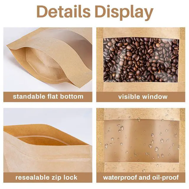 Alt view image 4 of 7 - 50 Stand Up Pouches Bags - 3.5"×5.5" Resealable Ziplock Kraft Paper Bags Window Food Packaging Homemade Bagel Bread Cookie Candy Tea Herb Spice Coffee Jerky Dog Treat Small Business