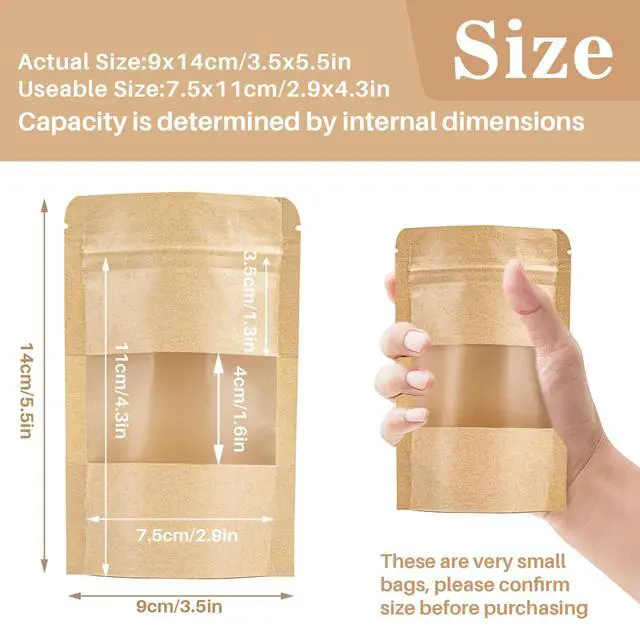 Alt view image 3 of 7 - 50 Stand Up Pouches Bags - 3.5"×5.5" Resealable Ziplock Kraft Paper Bags Window Food Packaging Homemade Bagel Bread Cookie Candy Tea Herb Spice Coffee Jerky Dog Treat Small Business