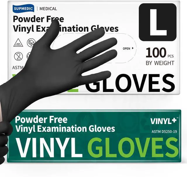 Main image of Vinyl Disposable Exam Gloves, Black 4 Mil Powder-Free Latex-Free Medical Food-Safe Cooking Cleaning Glove, 100 Pcs (Large)