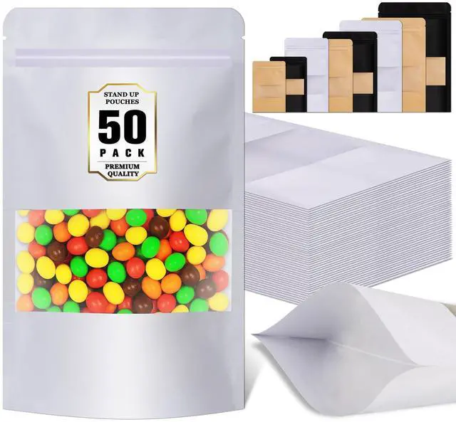 Main image of 50 Pack Resealable Bags, Reusable Snack Bags with Window, Smell Proof Stand Up Pouches, Cookie Bag with Seal, Sealable Packaging Bag for Coffee, Tea, Herbs, Spice, Candy, Favor, Food Storage
