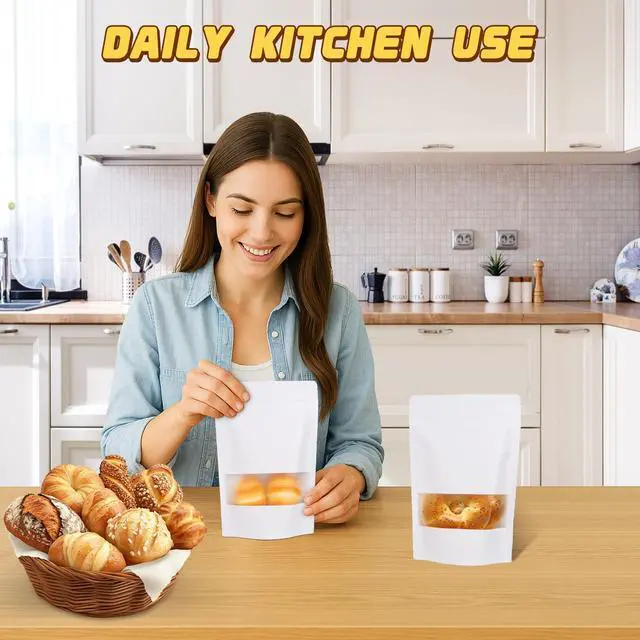 Alt view image 2 of 7 - 50 Pack Resealable Bags, Reusable Snack Bags with Window, Smell Proof Stand Up Pouches, Cookie Bag with Seal, Sealable Packaging Bag for Coffee, Tea, Herbs, Spice, Candy, Favor, Food Storage