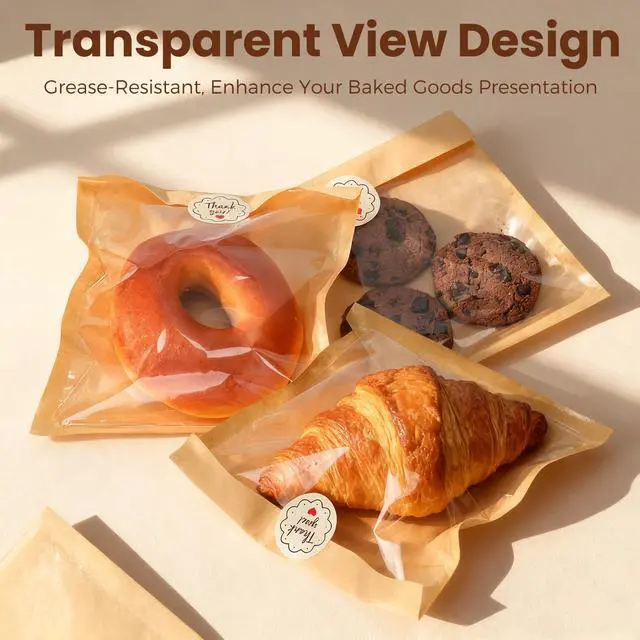 Alt view image 3 of 7 - 100Pcs Cookie Bags with Seal, Premium Cookie Packaging Bag with Clear Window, Heat Seal Bakery Bags for Baked Goods, Cake Slice, Donut, Pastry and Treat by