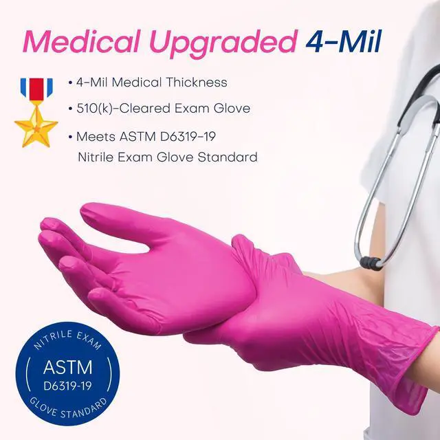 Alt view image 4 of 7 - Nitrile Exam Gloves, 4 Mil 100 Pcs Powder-Free Latex-Free Cooking Food-Safe Disposable Medical Gloves, Rose Orchid (Small)