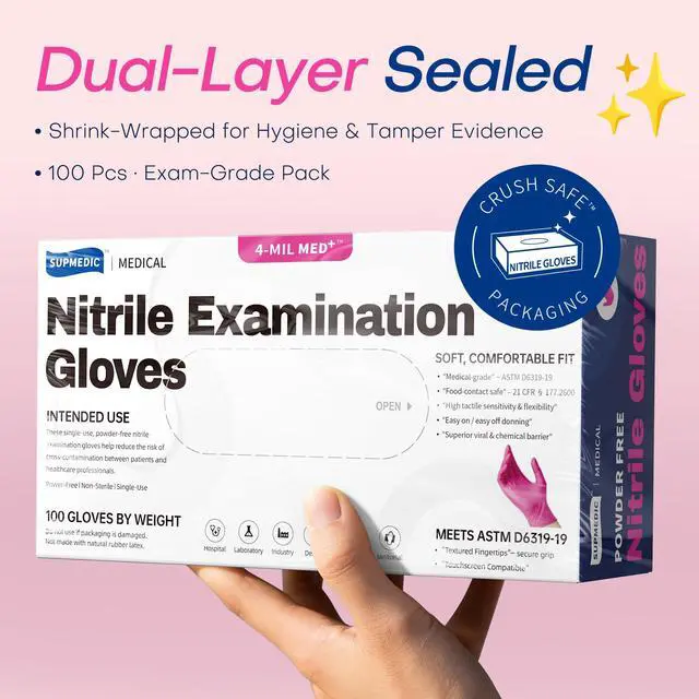 Alt view image 6 of 7 - Nitrile Exam Gloves, 4 Mil 100 Pcs Powder-Free Latex-Free Cooking Food-Safe Disposable Medical Gloves, Rose Orchid (Small)