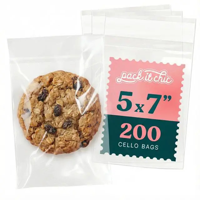 Main image of 5" X 7" Self Sealing Cellophane Bags (200 Pack) - Clear Cookie Bags With Seal for Baked Goods Packaging, Cookie Wrappers, Bakery Packaging, Bake Sale, Candy, Treats, Goodies, Gifts, Party Favors