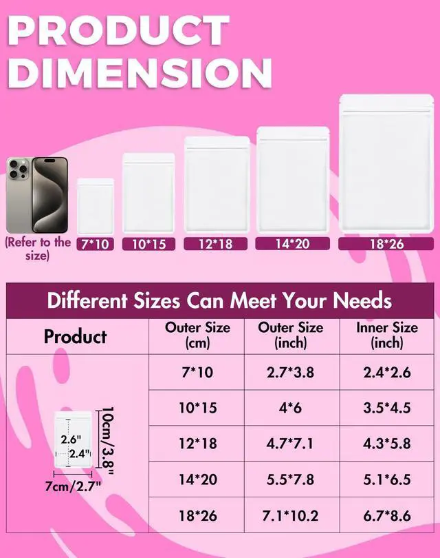 Alt view image 2 of 7 - 100 Pack Resealable Packaging Bags for Small Business Double-Sided Color Smell Proof Bags for Food Storage Flat Bags (White, 2.7" x 3.8")