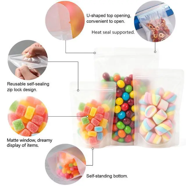 Alt view image 3 of 7 - 50pcs Stand Up Matte Bags Resealable Pouches With Frosted Front Window Self-seal Zipper Bags Heat Sealable Packaging Bags for Food Storage 3.5"*5.9"