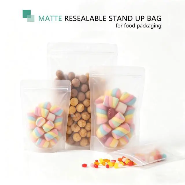 Alt view image 2 of 7 - 50pcs Stand Up Matte Bags Resealable Pouches With Frosted Front Window Self-seal Zipper Bags Heat Sealable Packaging Bags for Food Storage 3.5"*5.9"