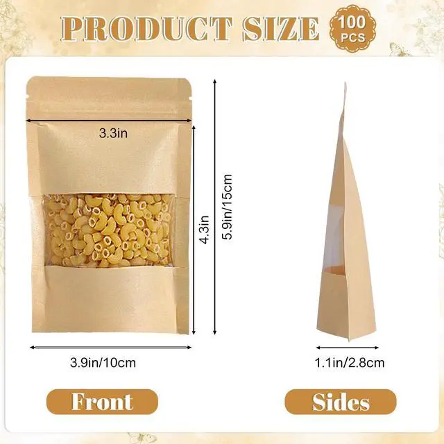 Alt view image 2 of 6 - 100 Pcs Kraft Paper Stand Up Pouch Bags with Window, Resealable Self-sealing Tear Notch Food Storage Bags for Small Business Home Use (4" x 6")