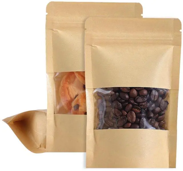 Main image of 100 Pcs Kraft Paper Stand Up Pouch Bags with Window, Resealable Self-sealing Tear Notch Food Storage Bags for Small Business Home Use (4" x 6")