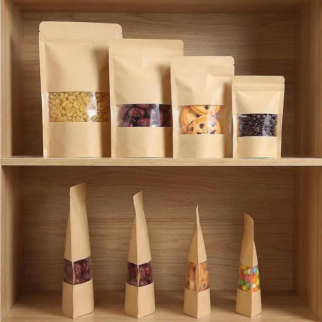 Alt view image 6 of 6 - 100 Pcs Kraft Paper Stand Up Pouch Bags with Window, Resealable Self-sealing Tear Notch Food Storage Bags for Small Business Home Use (4" x 6")