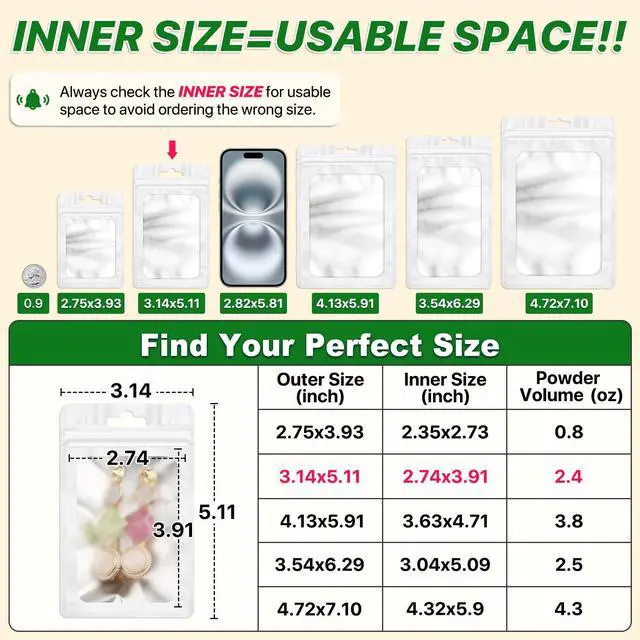 Alt view image 2 of 7 - 100 PCS Resealable Mylar Bags with Frosted Clear Window Bags Packaging Bag Foil Pouch Zipper Bag for Food Self Sealing Storage Supplies (3.14x5.11, White)
