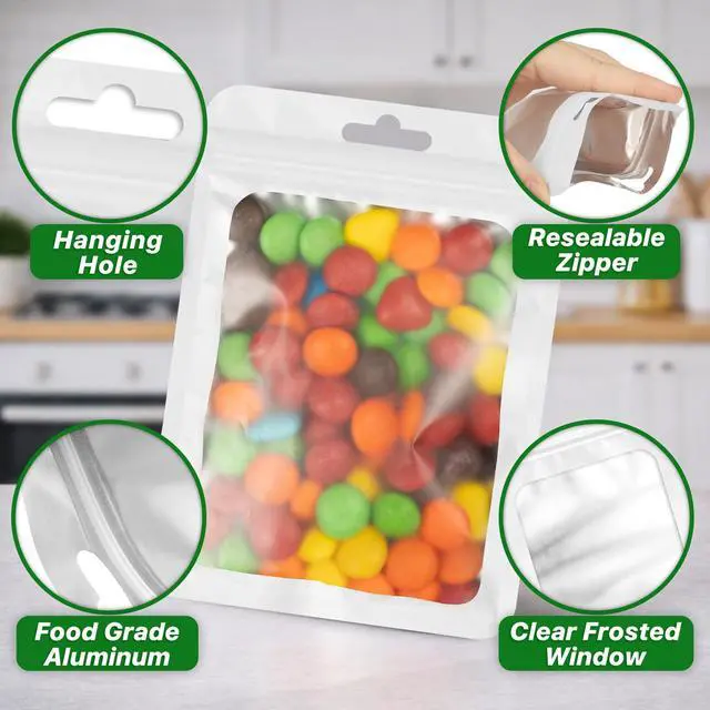 Alt view image 6 of 7 - 100 PCS Resealable Mylar Bags with Frosted Clear Window Bags Packaging Bag Foil Pouch Zipper Bag for Food Self Sealing Storage Supplies (3.14x5.11, White)
