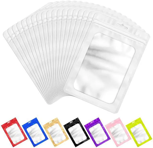 Main image of 100 PCS Resealable Mylar Bags with Frosted Clear Window Bags Packaging Bag Foil Pouch Zipper Bag for Food Self Sealing Storage Supplies (3.14x5.11, White)