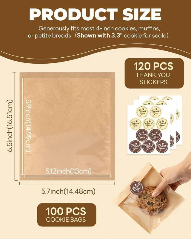 Alt view image 2 of 7 - 100PCS Cookie Bags with Seal, 5.7x6.5 Inch Individual Cookie Packaging Bags for Gift Giving, Heat Sealable & Grease Proof Bakery Bag with Window, Baked Goods Packaging