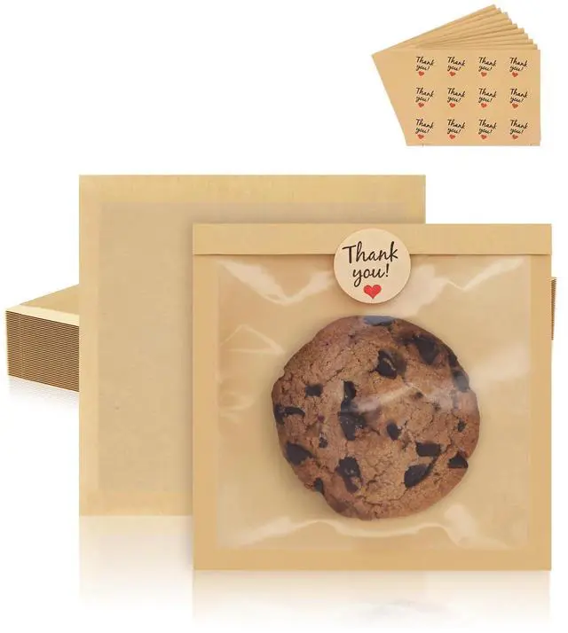 Main image of 100 Pack Cookie Bags with Heat Sealing, 5.7 x 6.5 Inch Bakery Bags with Window, Grease Resistant Cookie Packing for Treats, Baked Goods, Bagel, Cake Slice, Sandwich (5.7"x6.5"-100pcs)